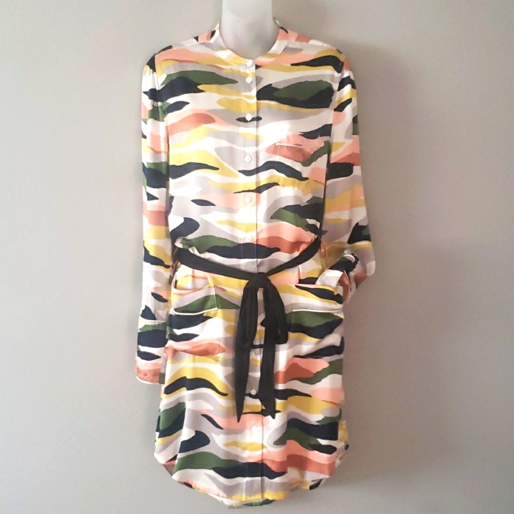 Equipment Femme Britton Dress 100%Silk Bright White Multi Print Tie Waist
